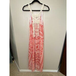 Zara Womens Bohemian Sleeveless‎ Maxi Dress With Crochet Back Orange XS-S